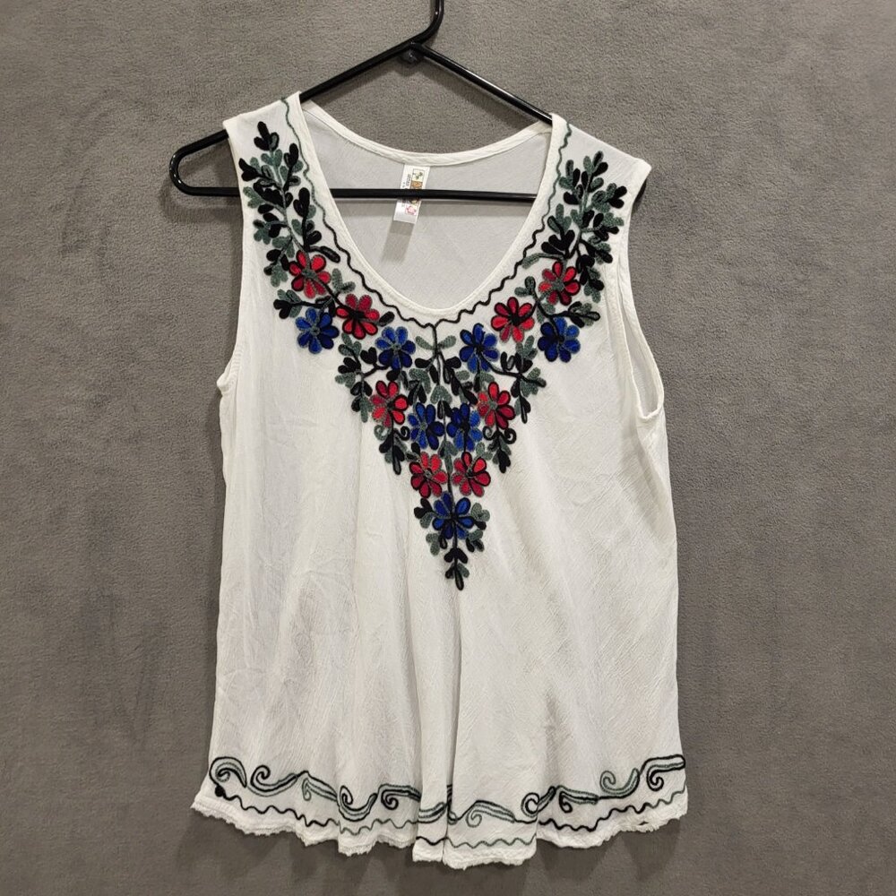 Floral Embroidered Boho V-Neck Sleeveless Top Women OS Peasant Folk Cottage